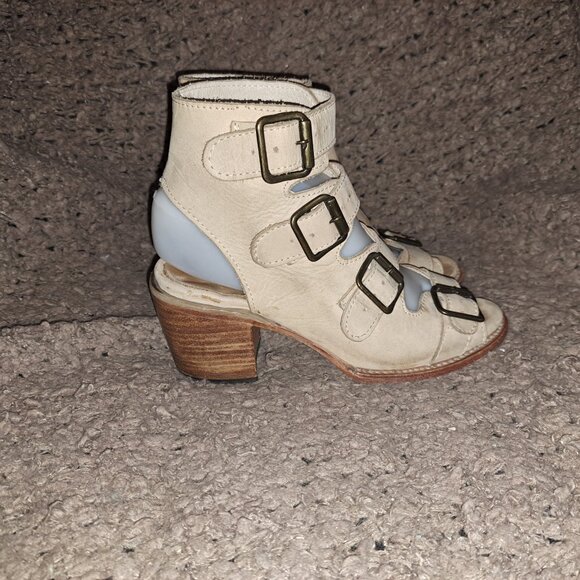FREEBIRD BY STEVEN-Quail-Beige Leather Sandals Gladiator Wood Heel-Sz6-Excellent - Picture 6 of 9